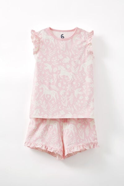 Stacey Short Sleeve Flutter Pyjama Set, BLUSH PINK/ UNICORN FIELDS