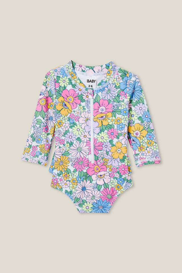 Lucy Long Sleeve Ruffle Back Swimsuit, VANILLA/QUINN FLORAL