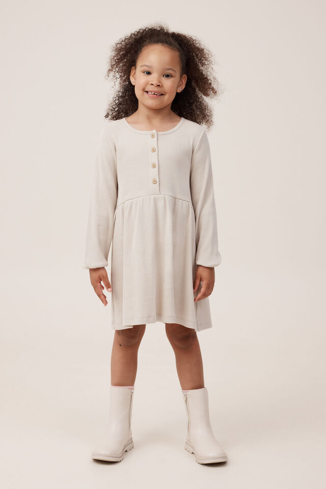 Sally Button Front Long Sleeve Dress, RAINY DAY WAFFLE