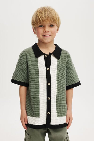 Knitted Short Sleeve Shirt, SWAG GREEN/BORDER STRIPE