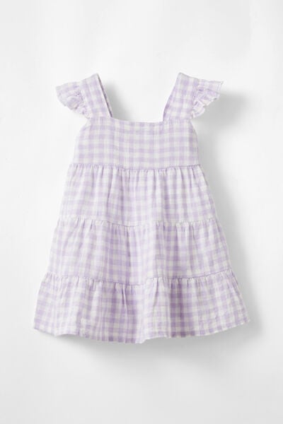 Annie Woven Ruffle Sleeve Tiered Dress, VINTAGE LILAC/GINGHAM