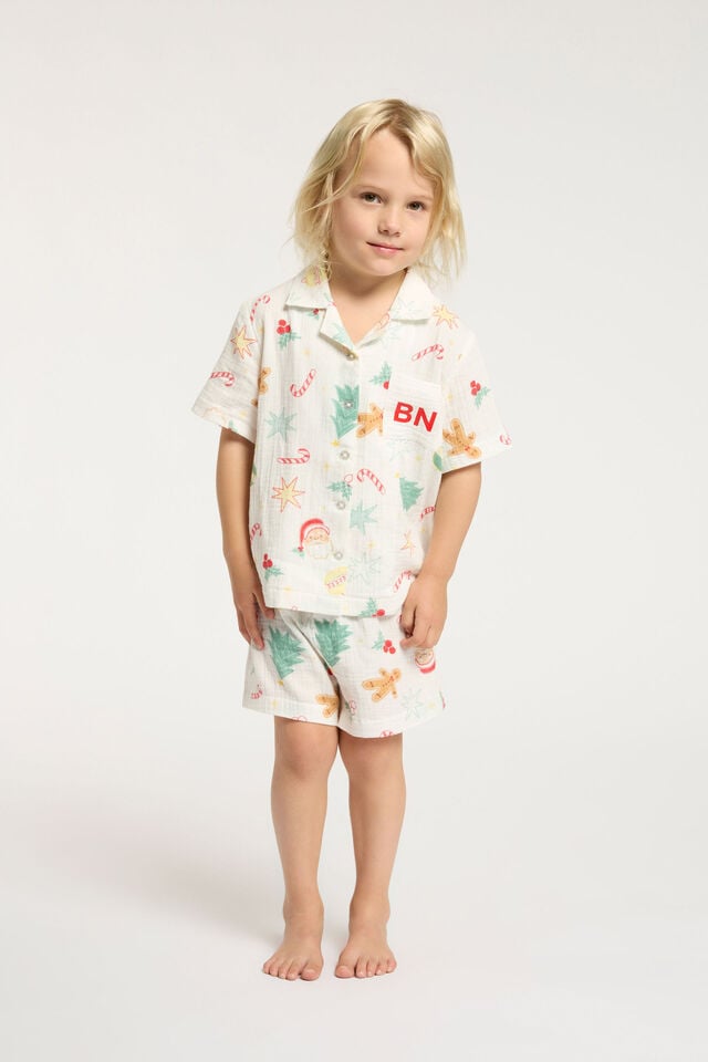 Riley Short Sleeve Pyjama Set Personalised, VANILLA/CHRISTMAS MOTIFS