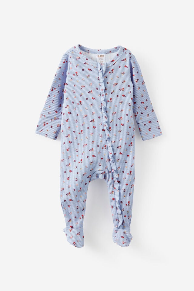Littlie Organic Long Sleeve Zip All In One Romper, BLUEBELL/LITTLE BLOSSOM