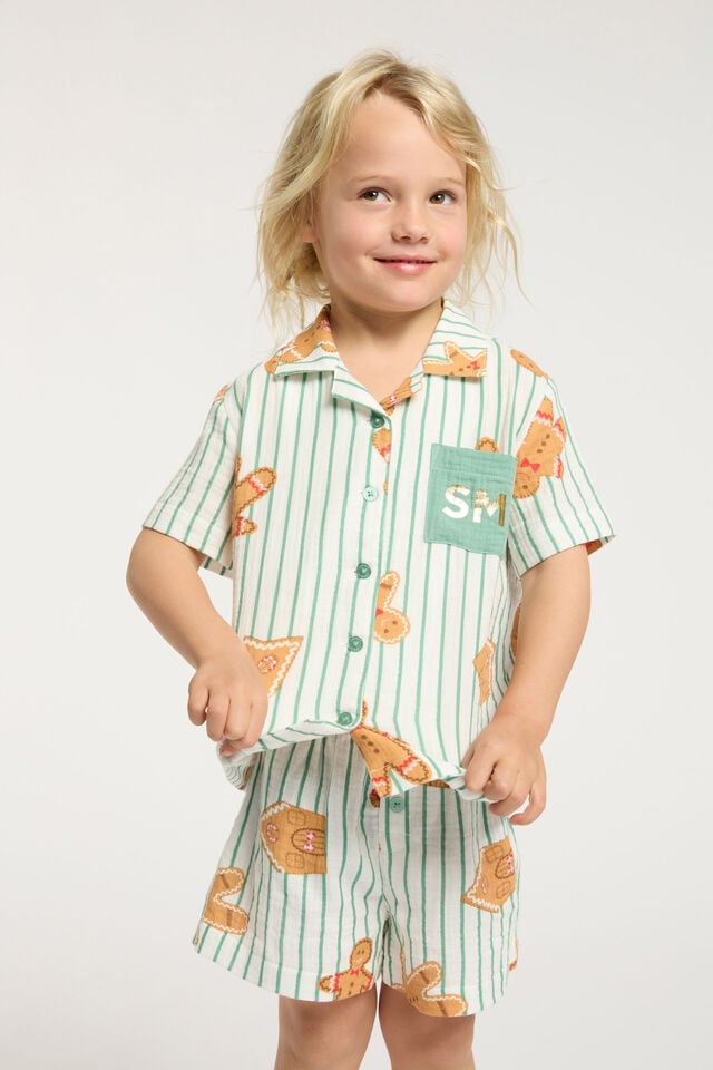 Riley Short Sleeve Pyjama Set Personalised, MALACHITE/GINGERBREAD STRIPE