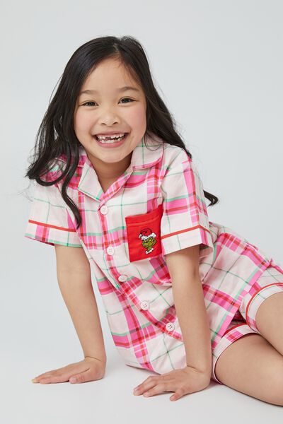 Riley Kids Unisex Short Sleeve Pyjama Set Licensed, LCN DRS CRYSTAL PINK/THE GRINCH CHECK