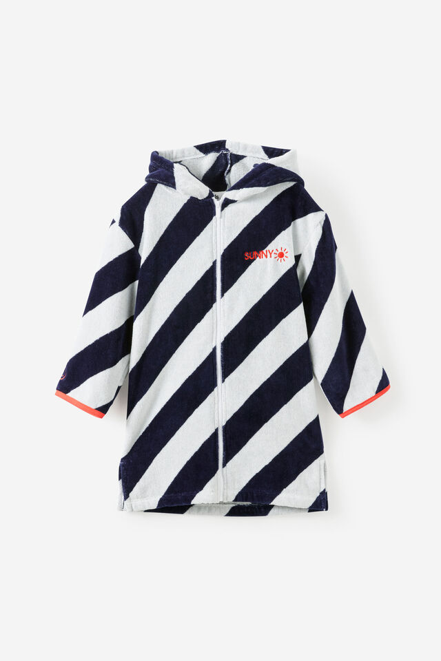 Kids Zip Thru Hooded Towel - Personalised, SQUID INK/WHITE DIAGONAL STRIPE