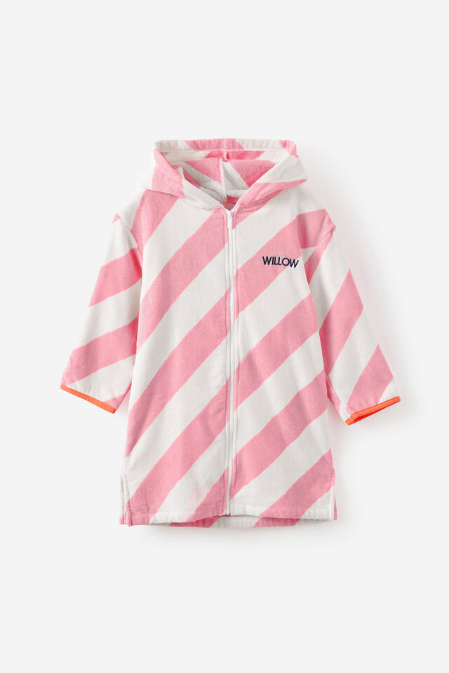Kids Zip Thru Hooded Towel - Personalised, POP RED/BALLET PINK DIAGONAL STRIPE