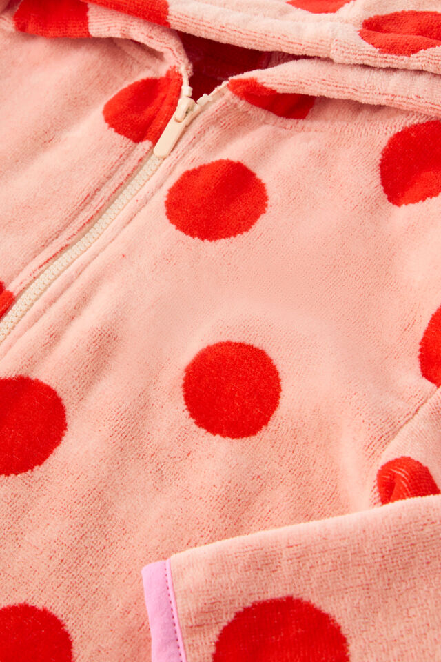Kids Zip Thru Hooded Towel, APRICOT MIST/POP RED SPOT