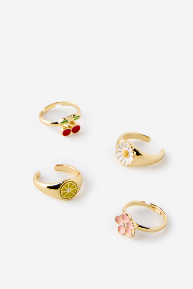 Kids 4Pk Ring Set, FRUITS AND FLOWER 4PK