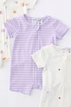 The 3Pk Short Sleeve Zip Romper, VANILLA-PURPLE HUE/BUTTERFLIES - example image 2