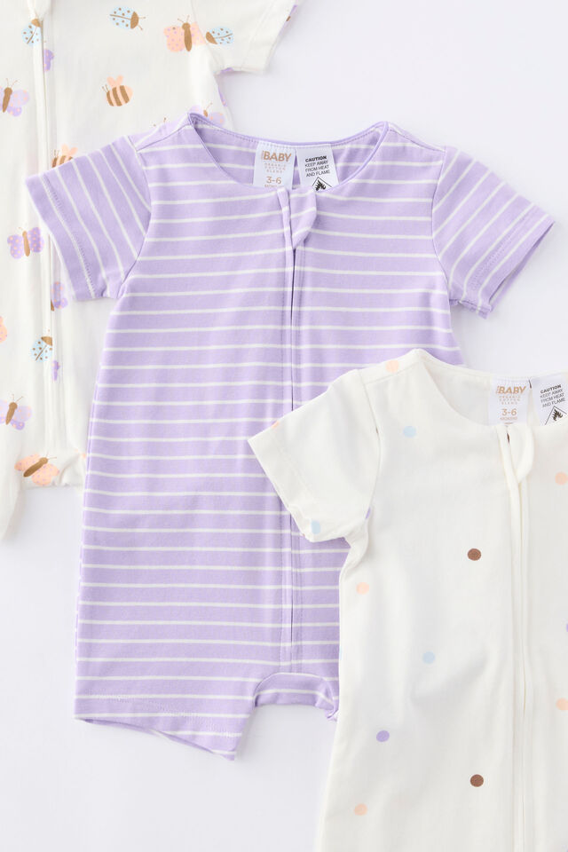 The 3Pk Short Sleeve Zip Romper, VANILLA-PURPLE HUE/BUTTERFLIES