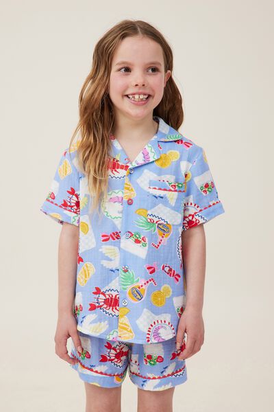 Riley Kids Unisex Short Sleeve Pyjama Set, DUSK BLUE/CHRISSY TABLE