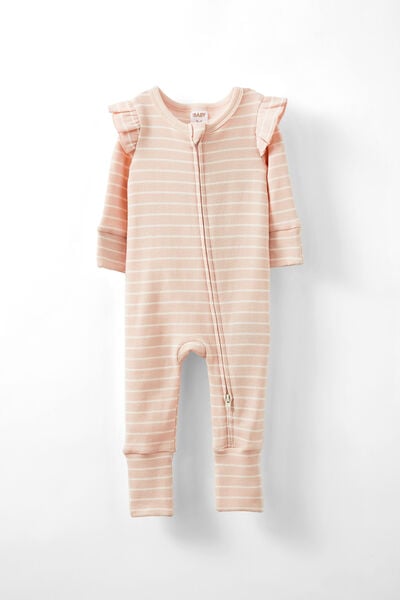 The Billie Long Sleeve Rib Romper, PINK PEARL/VANILLA RILEY STRIPE