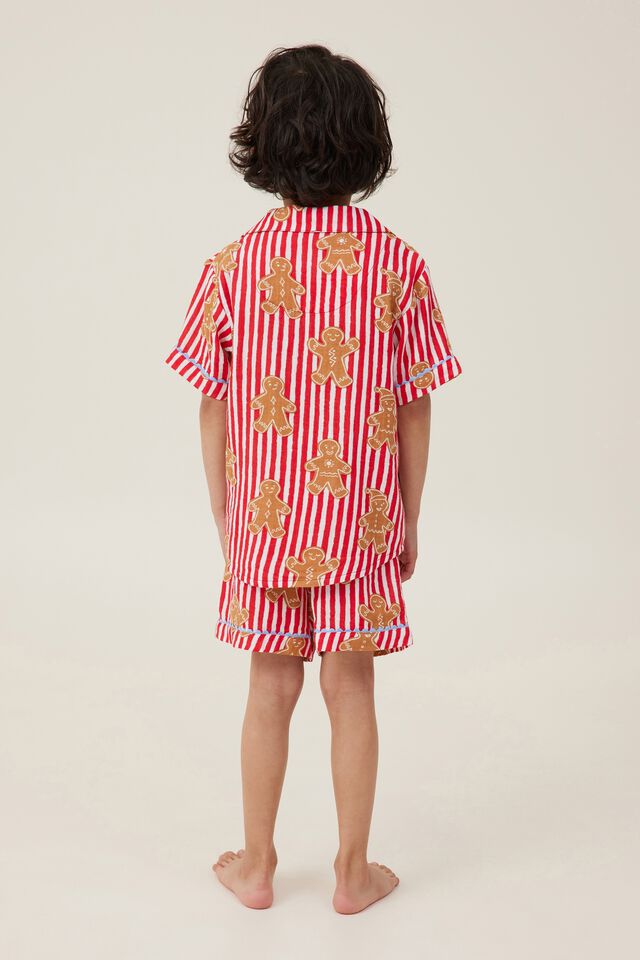 Riley Kids Unisex Short Sleeve Pyjama Set, ANTHURIUM RED/GINGERBREAD CANDY STRIPE