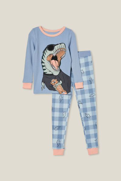 Milo Long Sleeve Pyjama Set, STEEL/SKATER DINO