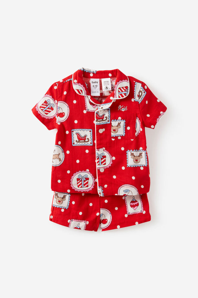 Baby Woven Family Xmas Pj Set Personalised, VARSITY RED/RUDOLPH SPOT