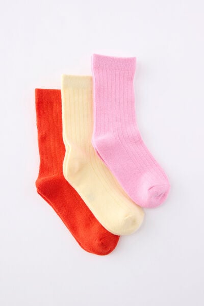 Kids 3Pk Crew Socks, STRAWBERRY MILK/POP RED RIB