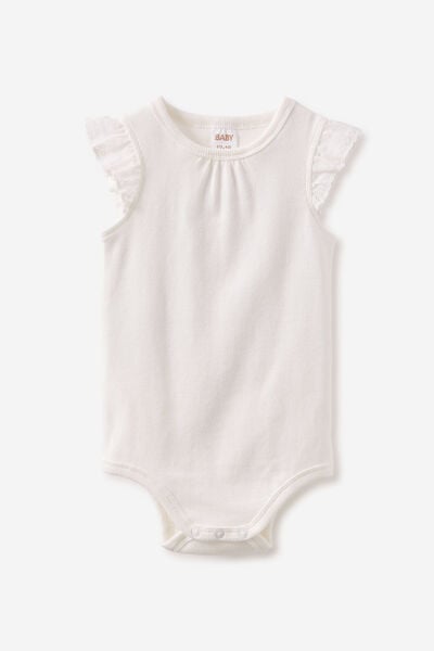 The Sleevless Broderie Ruffle Bubbysuit, VANILLA