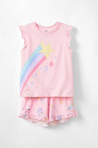 Stacey Short Sleeve Flutter Pyjama Set, BLUSH PINK/UNICORN SPACE GLOW