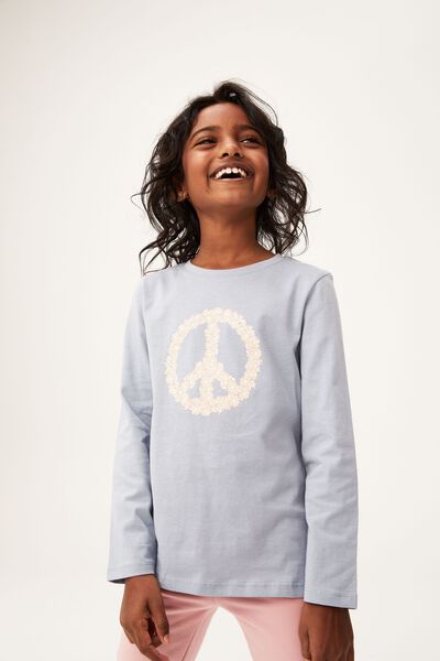Camiseta - Penelope Long Sleeve Tee, DUSTY BLUE/DAISY PEACE