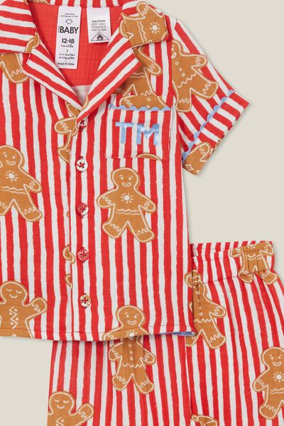 Baby Woven Pj Set- Personlisation, ANTHURIUM RED/GINGERBREAD CANDY STRIPE