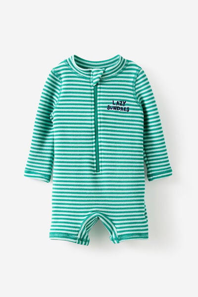 Baby Long Sleeve All In One Swimsuit, ENGLISH IVY/LAZY SUNDAES STRIPE