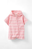 Baby Hooded Towel Romper, BLUSH PINK/JACQUARD STRIPES - alternate image 1