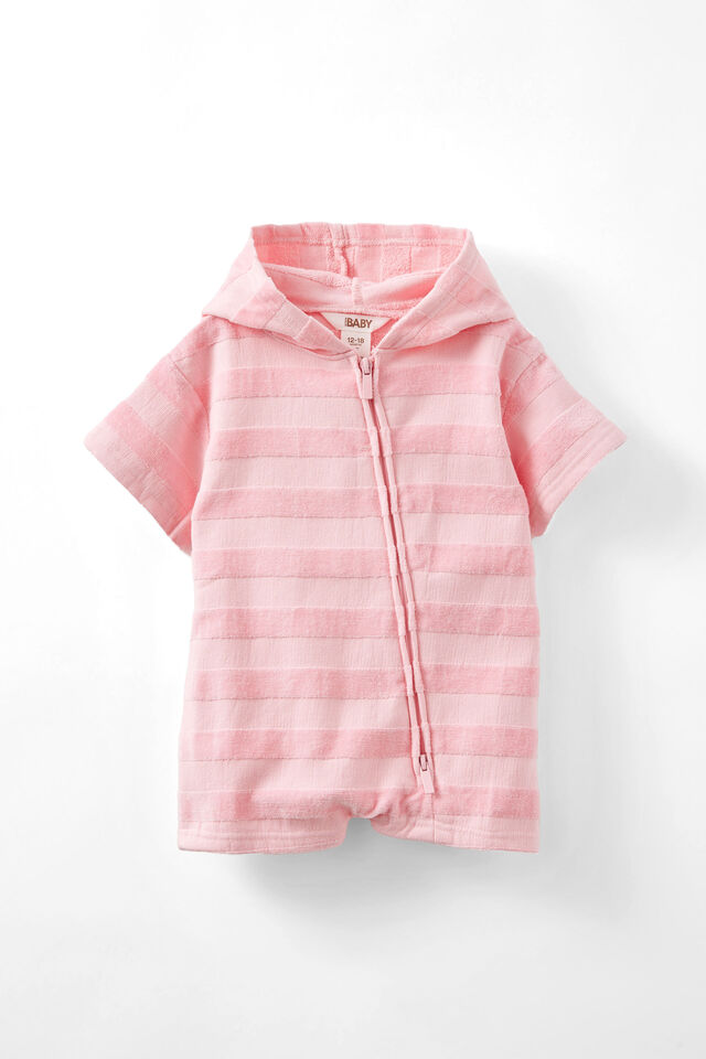 Baby Hooded Towel Romper, BLUSH PINK/JACQUARD STRIPES