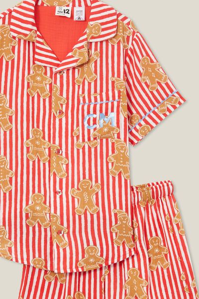 Rylee Kids Cc Short Sleeve Pyjama Set Personalised, ANTHURIUM RED/GINGERBREAD CANDY STRIPE