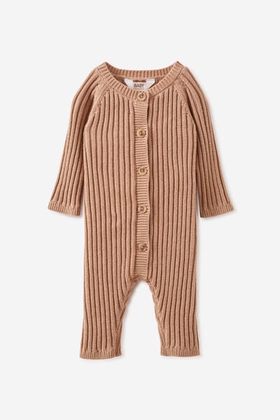 Organic Knit Long Sleeve Romper, TAUPY BROWN