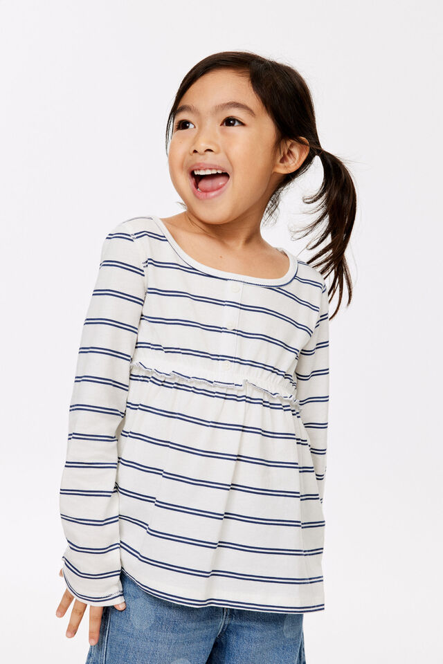 Long Sleeve Jersey Babydoll Top, VANILLA/DENIM NAVY STRIPE