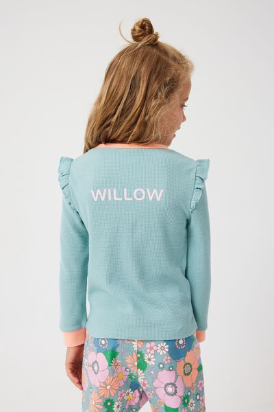 Willow Long Sleeve Flutter Pyjama Set Personalised, RUSTY AQUA/UNICORN FLORAL