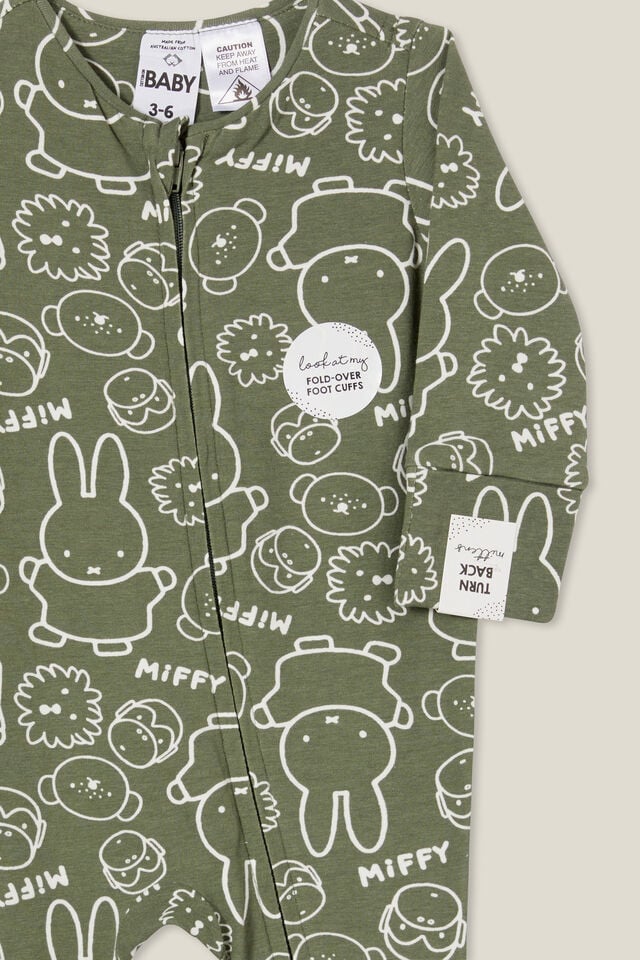 Miffy The Long Sleeve Zip Romper License, LCN MIF SWAG GREEN/MIFFY FRIENDS STAMP