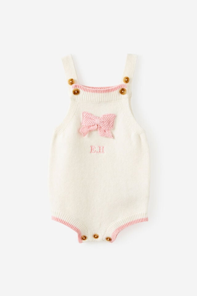 Personlisation Organic Blend Knit Bubbysuit, MILK/CROCHET BOW