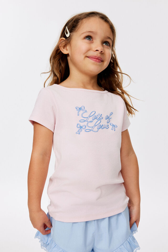 Fitted Short Sleeve Essential Boat Neck Tee, BALLET PINK/LOTS OF LOVE