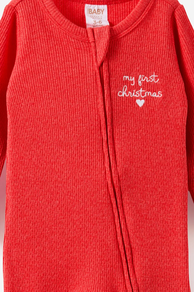 Littlie Organic Long Sleeve Zip All In One Romper, VARSITY RED MARLE/MY FIRST CHRISTMAS
