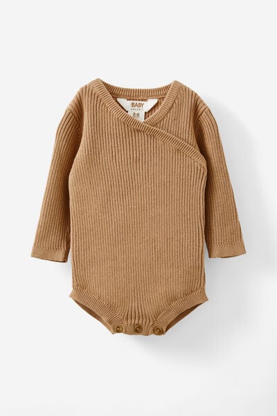 Organic Rib Knit Cross Over Tie Bubbysuit, TAUPY BROWN