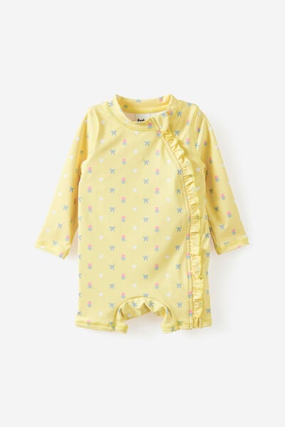 Baby Long Sleeve Ruffle All In One Swimsuit, BABY YELLOW/LOVELY DITSY