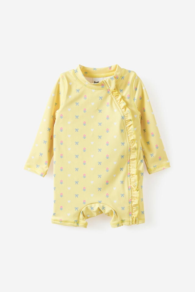Baby Long Sleeve Ruffle All In One Swimsuit, BABY YELLOW/LOVELY DITSY