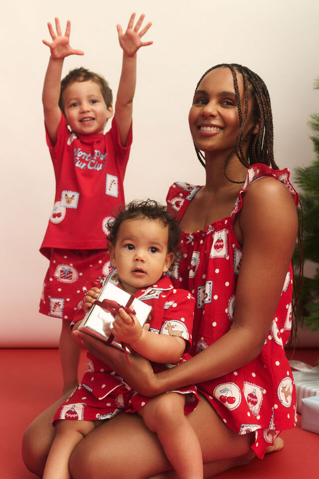 Adults Babydoll Family Xmas Pj Set, VARSITY RED/RUDOLPH SPOT