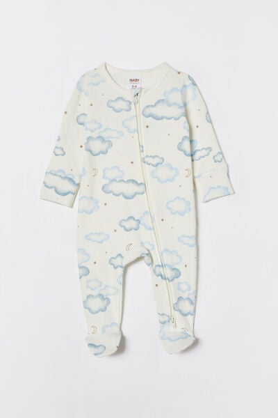 Organic Pointelle Zip All In One Romper, MILK/CLOUDS