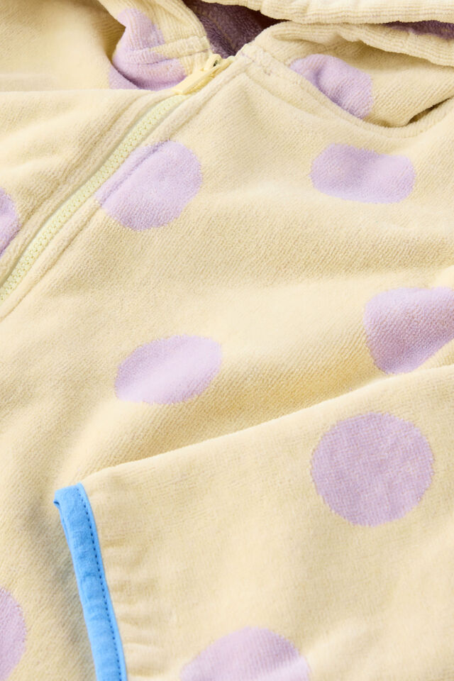 Kids Zip Thru Hooded Towel, BUTTER YELLOW/VINTAGE LILAC SPOT