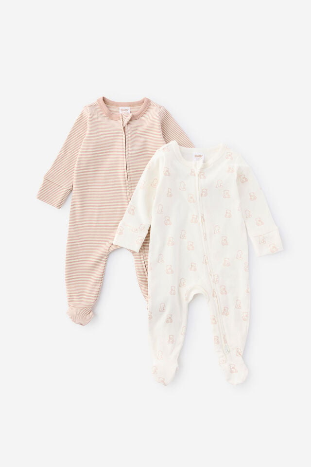 Organic 2Pk Long Sleeve Zip Romper, PEANUT BUTTER/BEARS