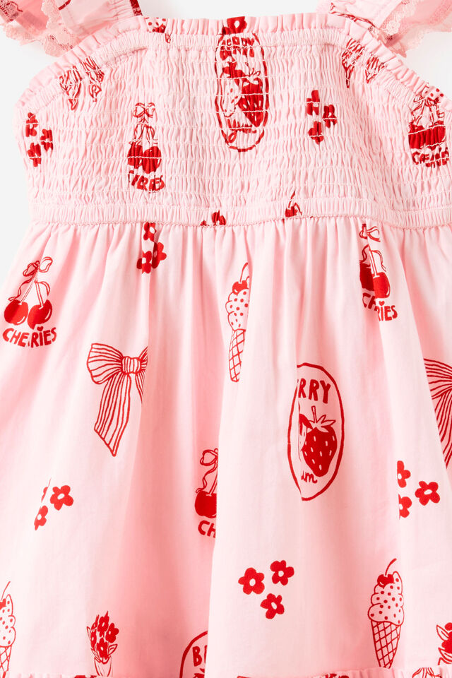 Gigi Flutter Sleeve Dress, BALLET PINK/VARSITY RED MOTIFS