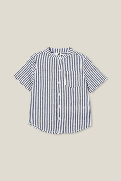 Grandpa Collar Short Sleeve Prep Shirt, IN THE NAVY/VANILLA STRIPE