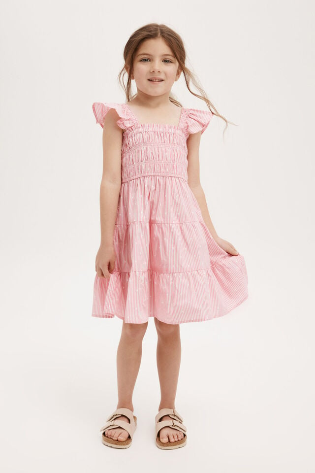 Kennedy Tiered Dress, CORAL FIZZ/BLUSH PINK STRIPE