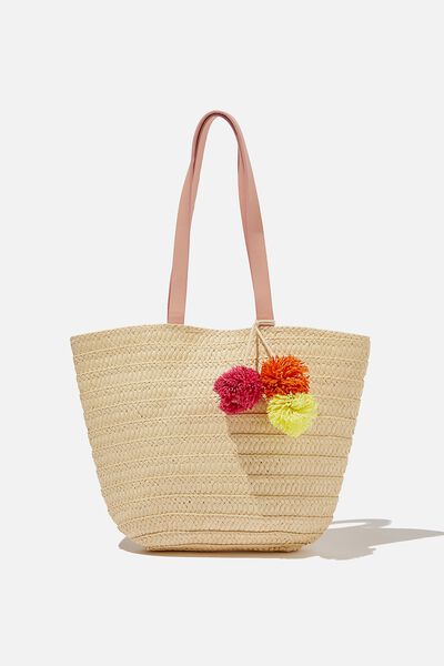 Beach Basket Bag, NATURAL/ POM POM