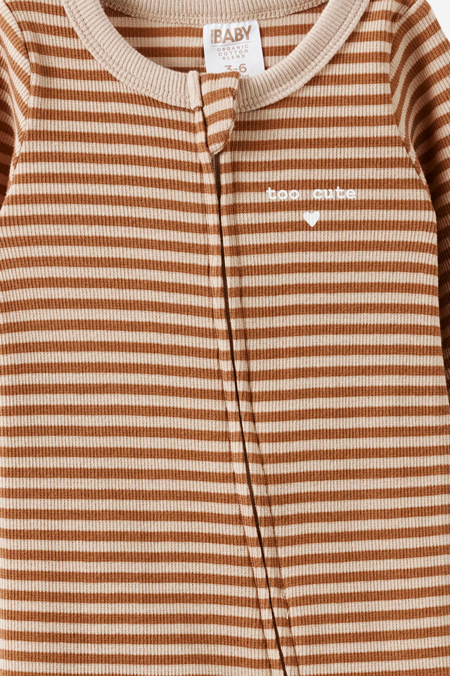 Growie Long Sleeve Zip All In One Romper, LATTE CREAM-CARAMEL FUDGE STRIPE/TOO CUTE