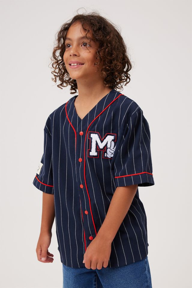 License Baseball Short Sleeve Shirt, LCN DIS NAVY BLAZER/ VANILLA STRIPE MICKEY