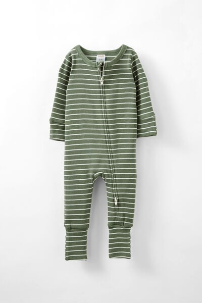 The Billie Long Sleeve Rib Romper, SWAG GREEN/VANILLA RILEY STRIPE